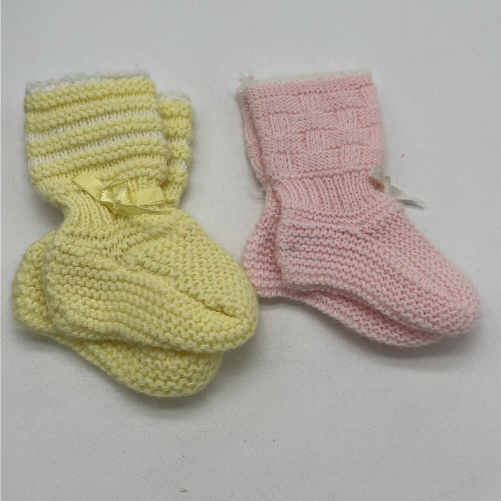 Vintage Handmade Crochet Baby Booties Set 2 Pink Yellow Newborn Shower Gift